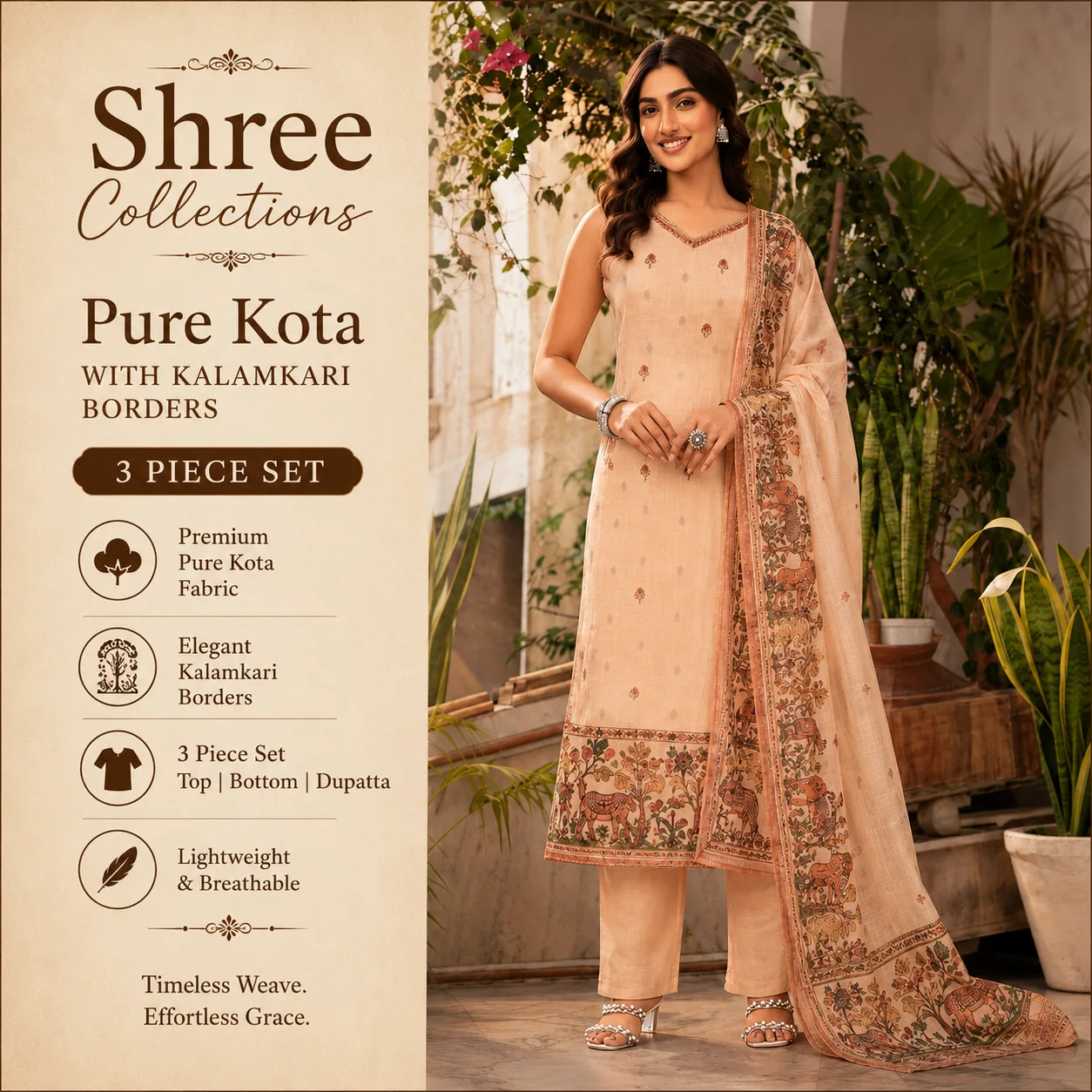 Pure Kota Kalamkari 3-Piece Dress Set
