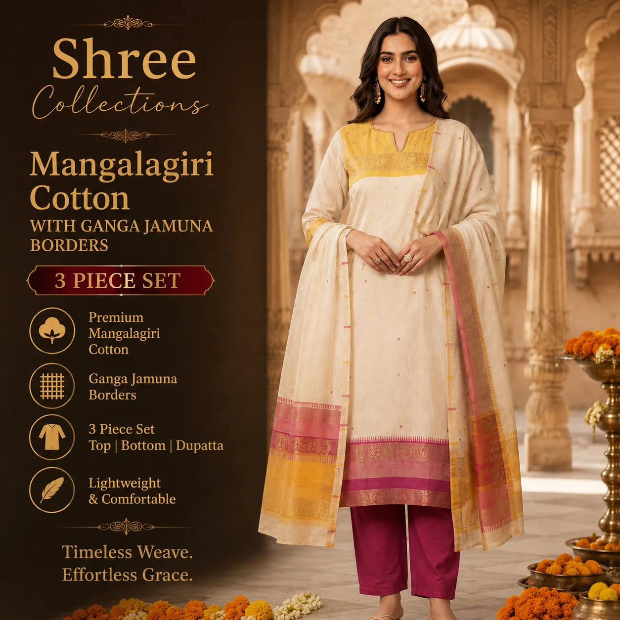 Mangalagiri Cotton Ganga Jamuna Border 3-Piece Set