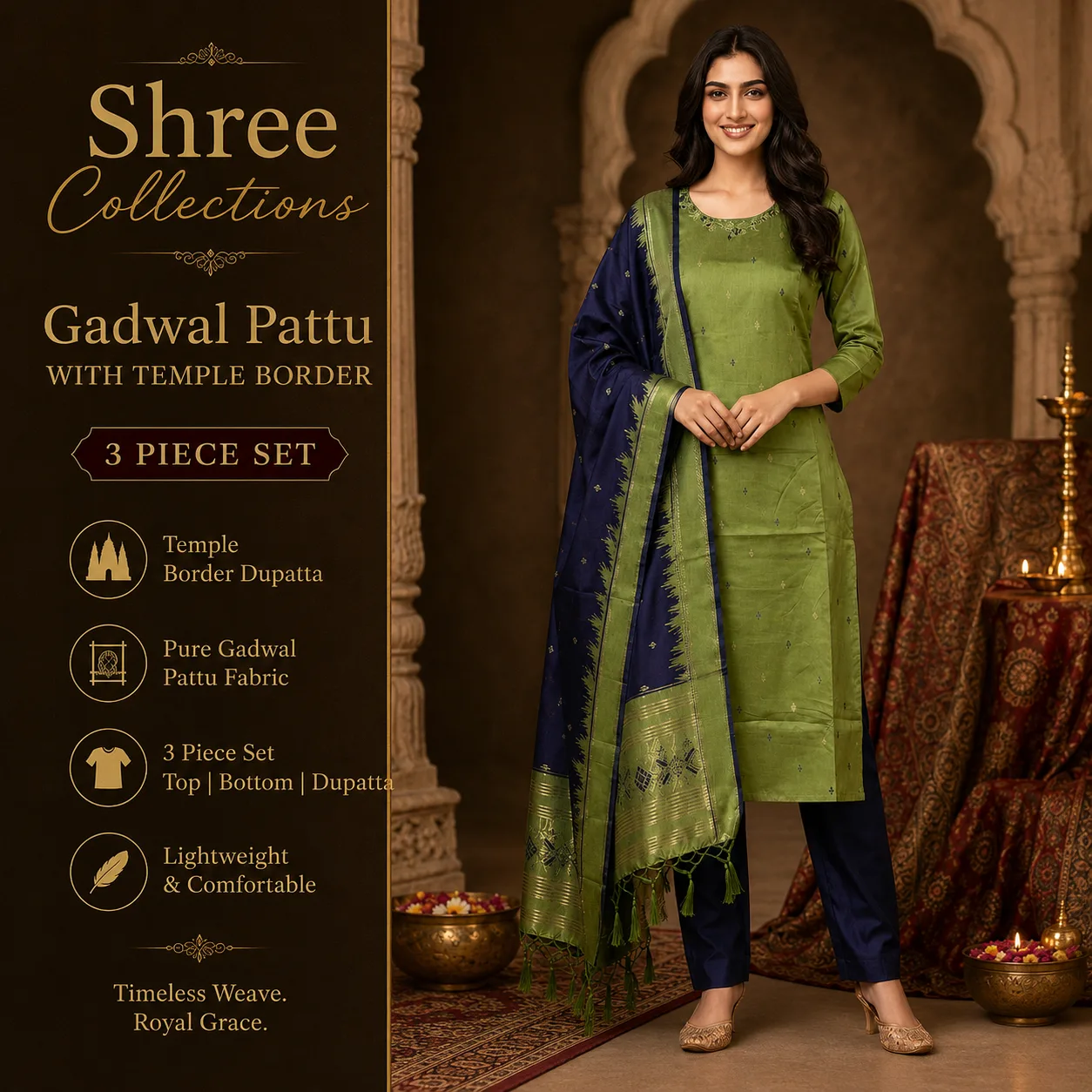 Gadwal Pattu Temple Border 3-Piece Dress Set