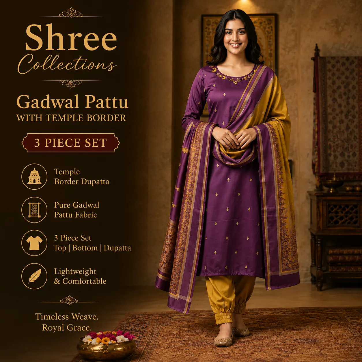 Purple Gadwal Pattu Temple Border 3-Piece Set