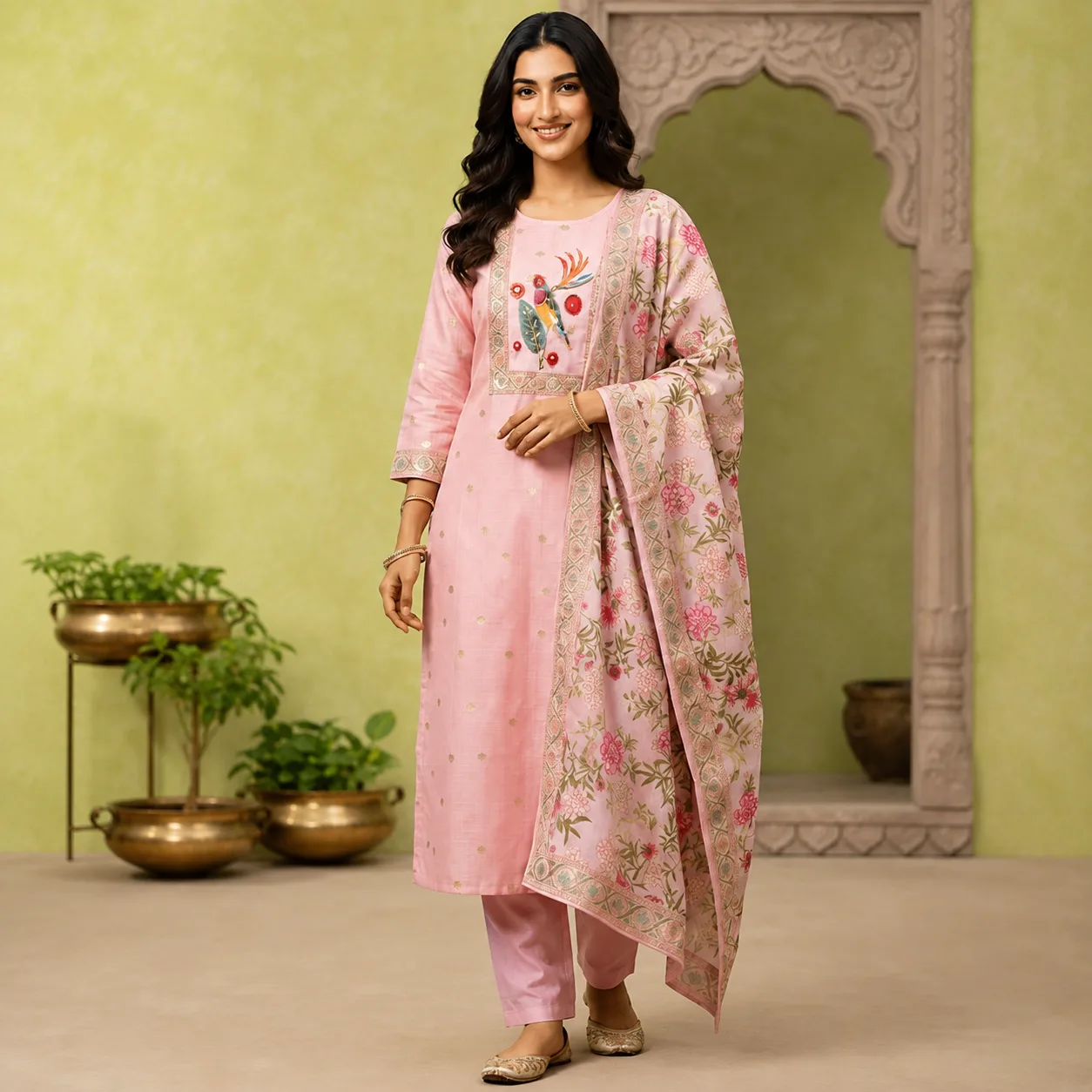 Pastel Pink Floral Embroidered Kurta Set with Dupatta