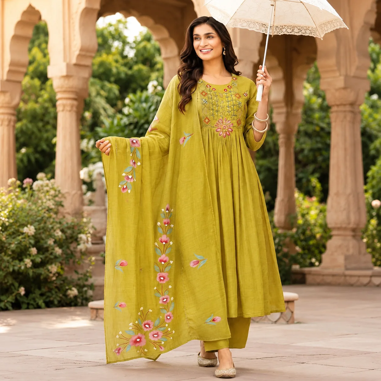 Mustard Green Floral Embroidered Anarkali Set with Dupatta