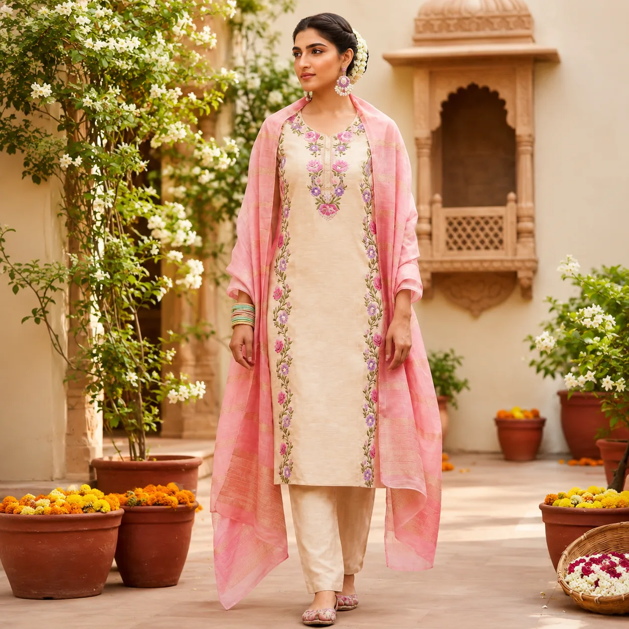 Ivory Floral Embroidered Kurta Set with Pink Dupatta