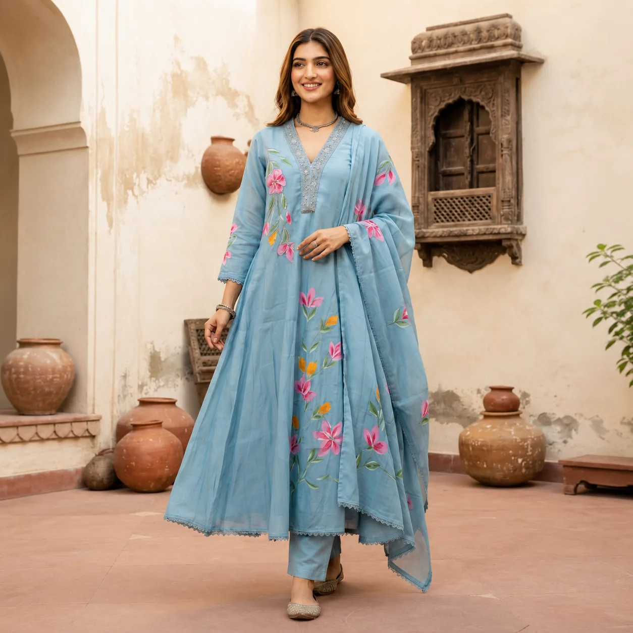 Sky Blue Floral Embroidered Anarkali Set with Dupatta