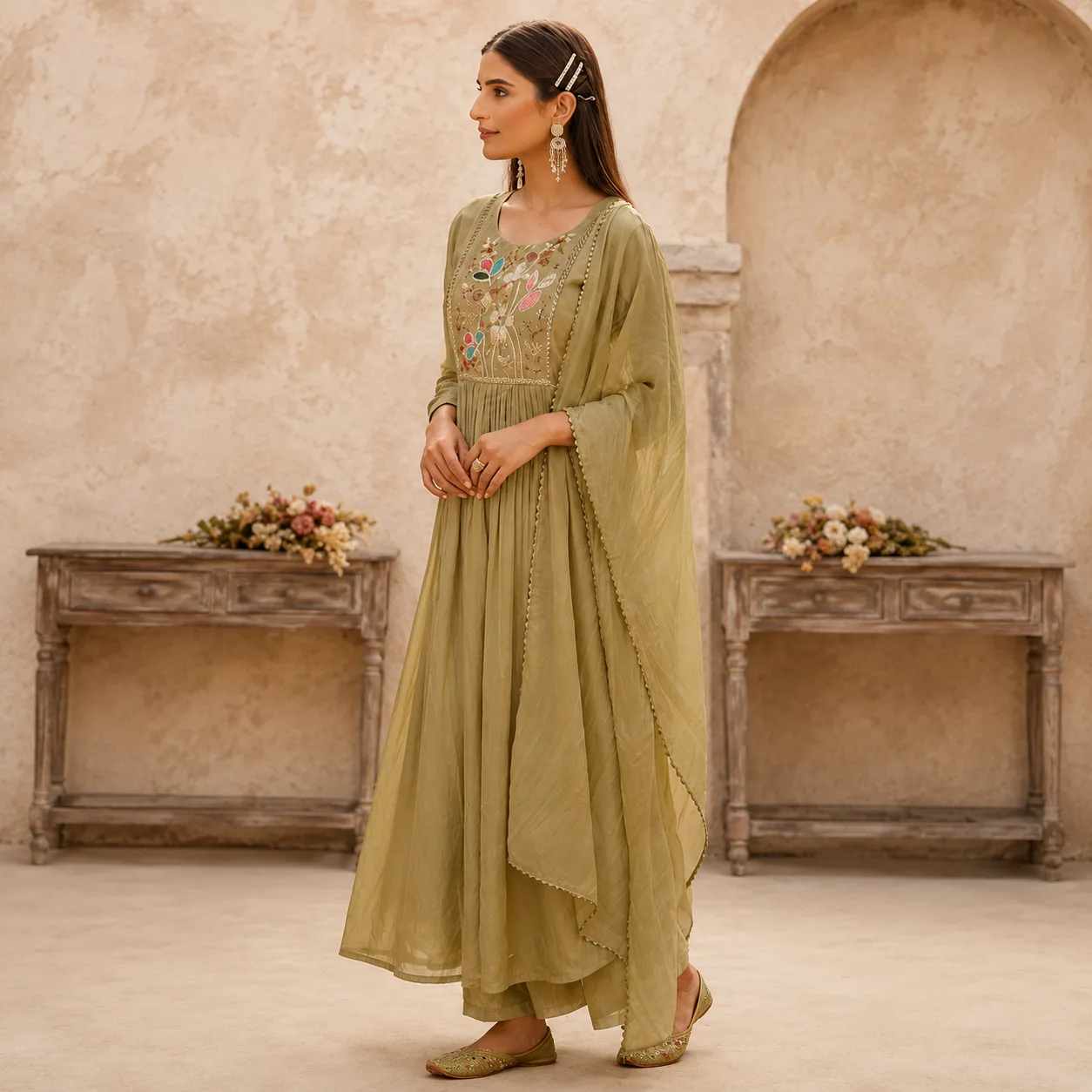 Olive Green Floral Embroidered Anarkali Set with Dupatta