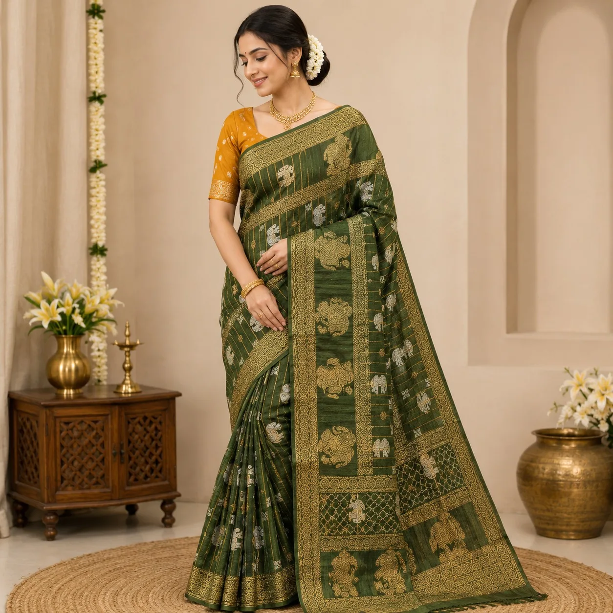 Green Banarasi Bandhani Silk Saree