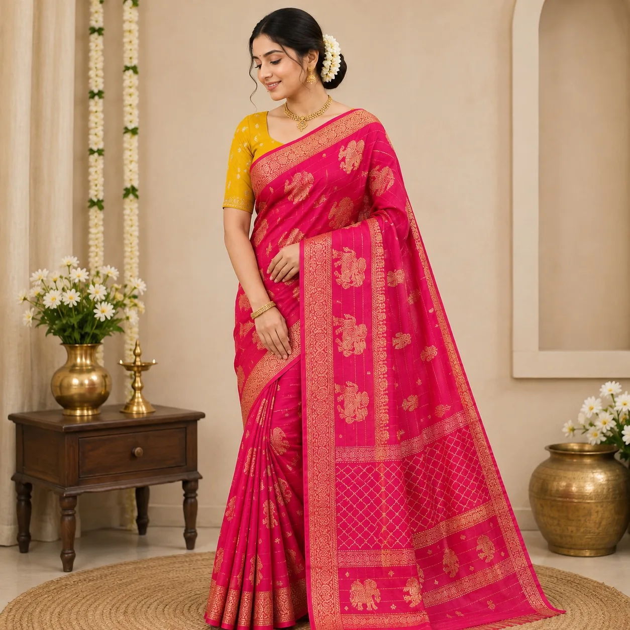 Pink and  yellow saree
