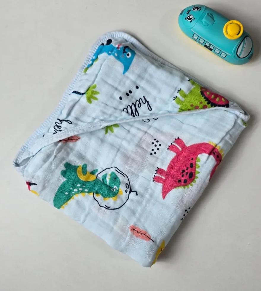 Muslin Cap Towel – Sky Blue Dinosaur print (mct299)