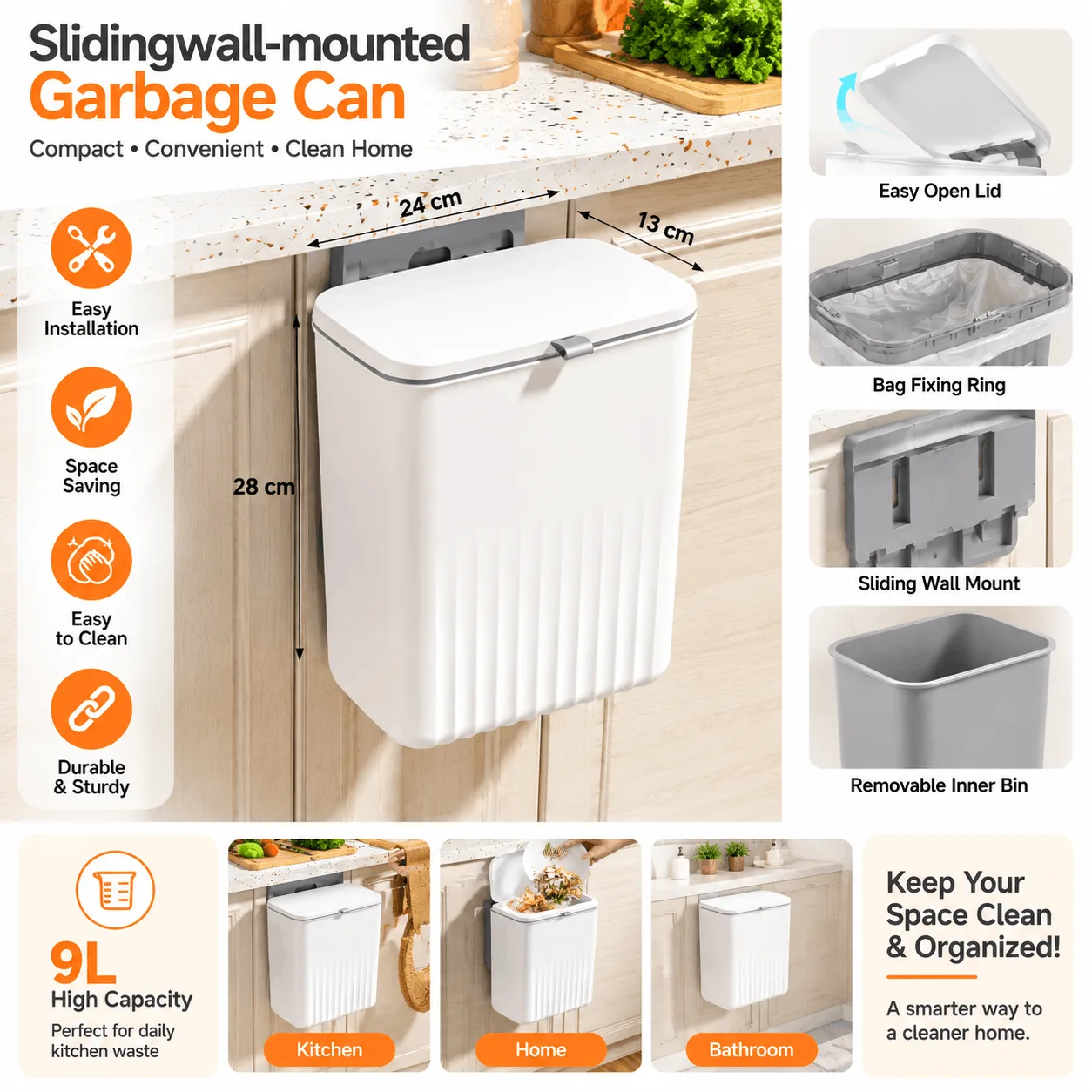 9L Wall-Mounted Sliding Garbage Bin with Lid No.60052