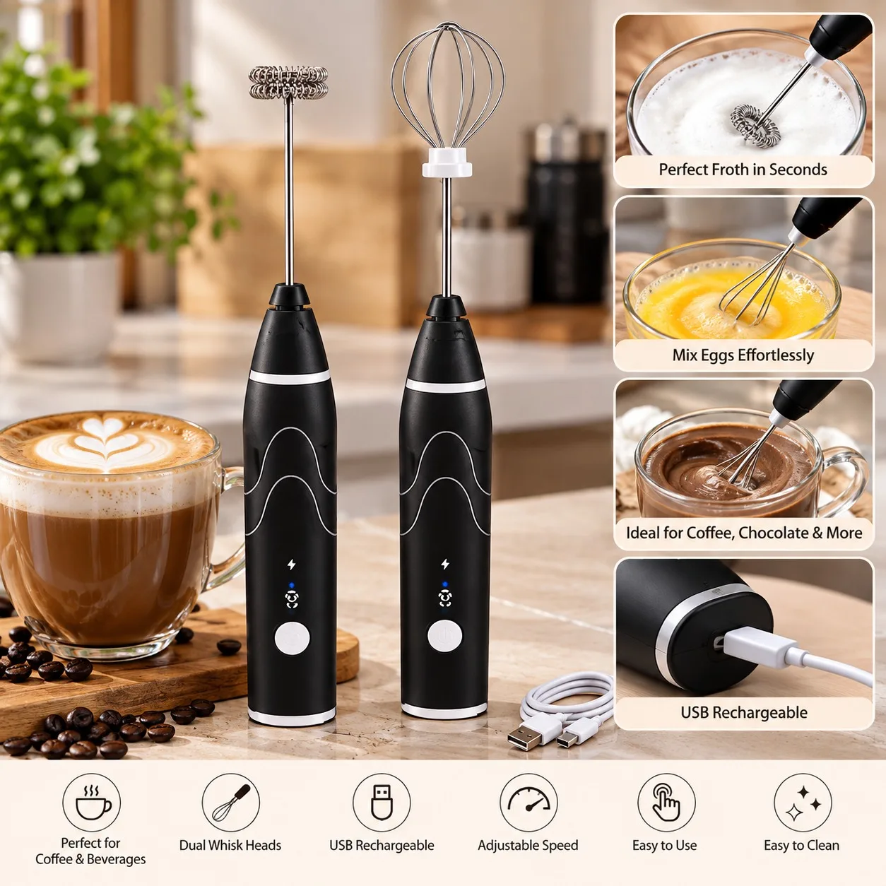 USB Rechargeable Electric Milk Frother & Hand Whisk