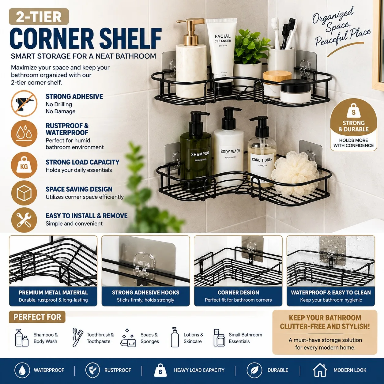 2-Tier No-Drill Bathroom Corner Storage Shelf