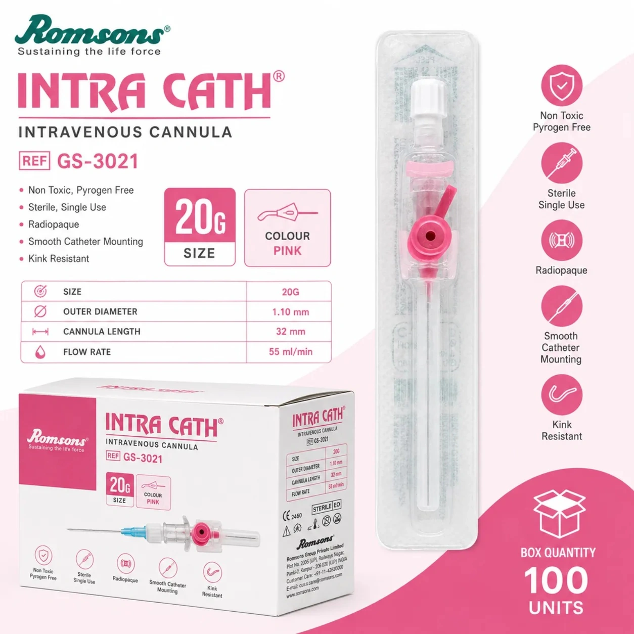 Romsons Intra Cath GS-3021) Advanced I.V. Cannula with injection port, wings and luer lock connector Pack of 100