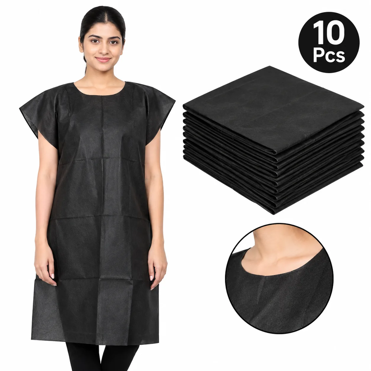 RXSHOPY Black Disposable Facial/Waxing Gown for Salon, Spa, Massage, Scrub, Parlor (10 Pcs, Free Size, One Size Fits All)