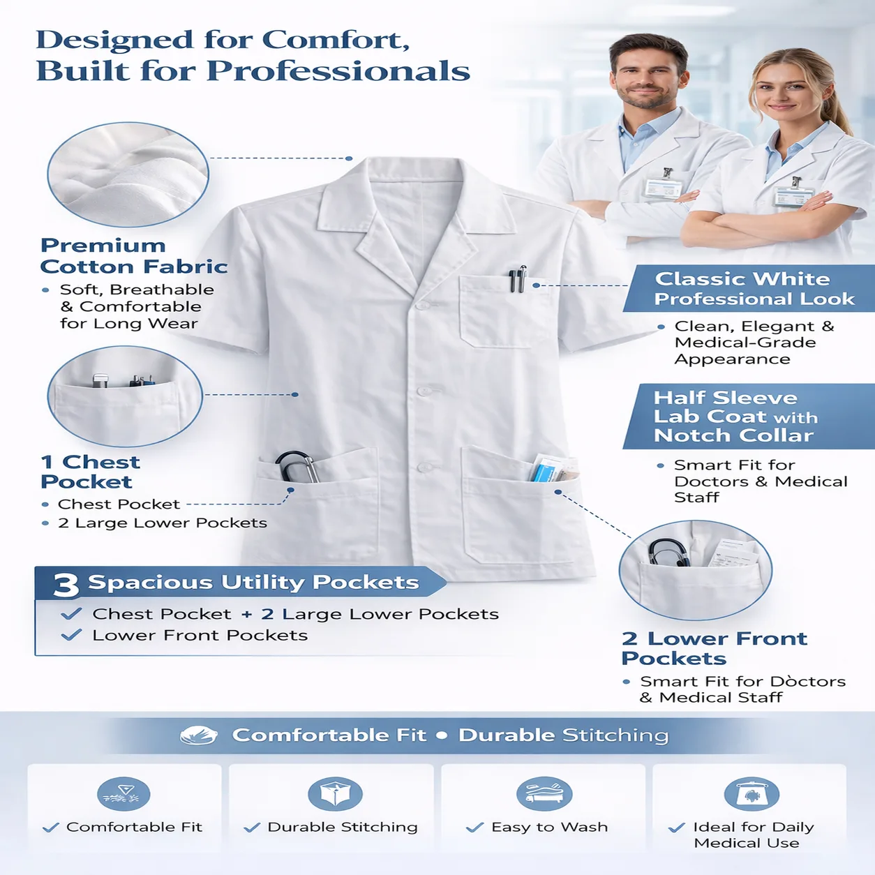 RXSHOPY White Cotton UNISEX Half Sleeves Doctor Lab Coat Apron