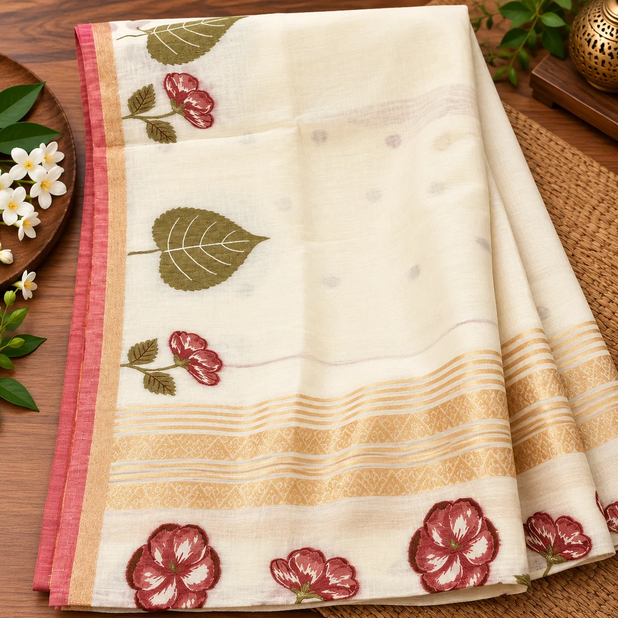 Cream Floral Golden Border Saree