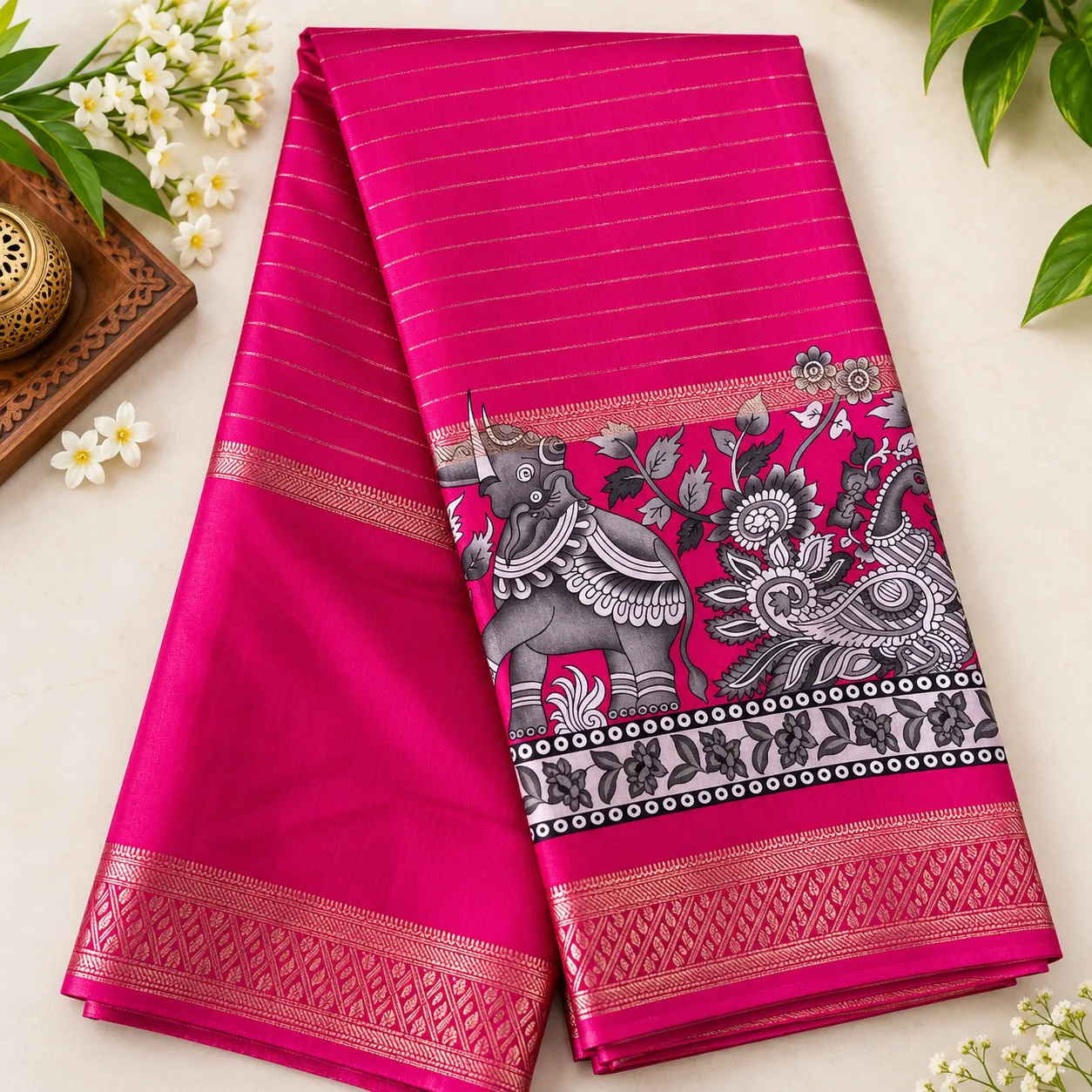 Pink Kalamkari Elephant Border Saree