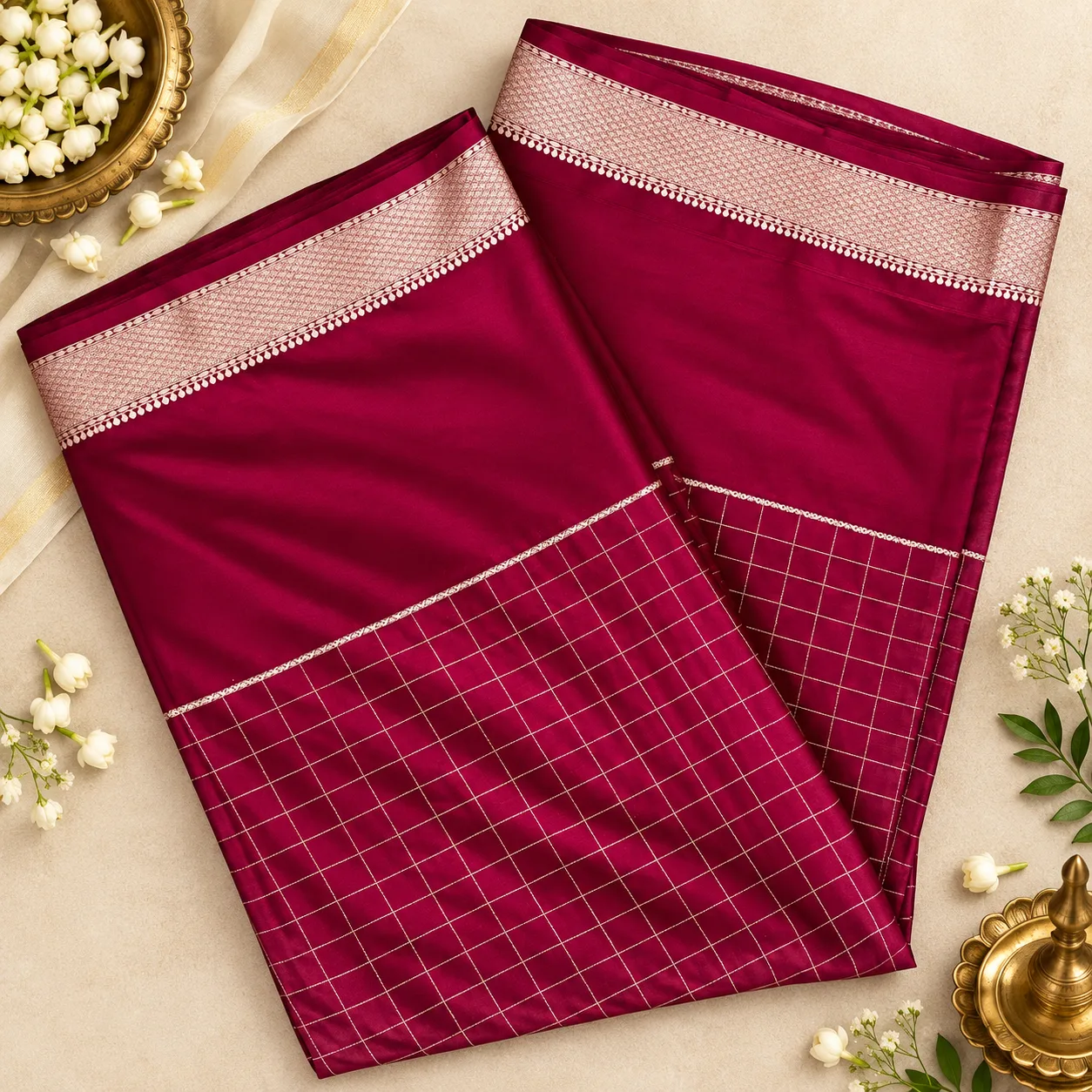 Magenta Checked Zari Border Saree