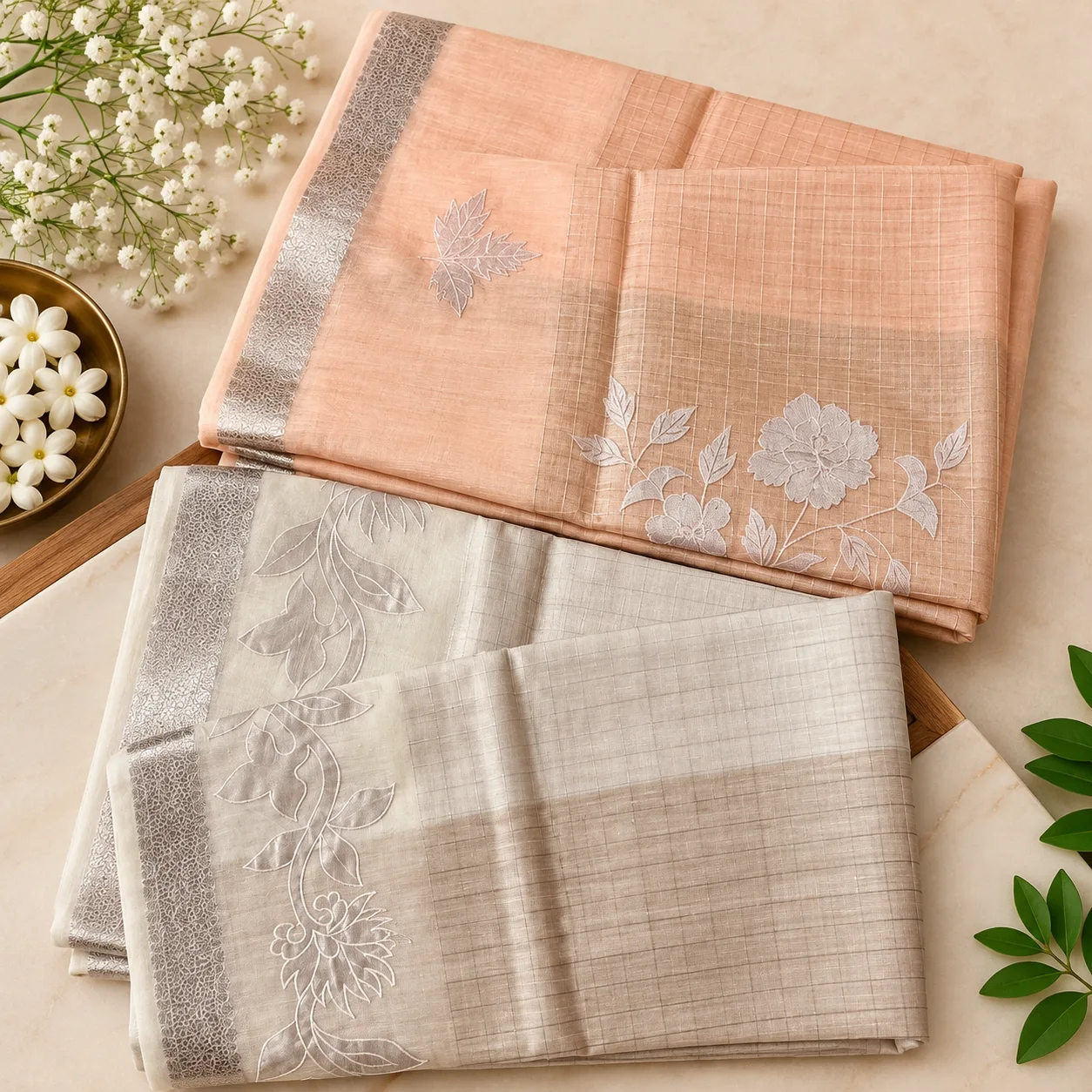 Peach and Silver Floral Embroidered Saree