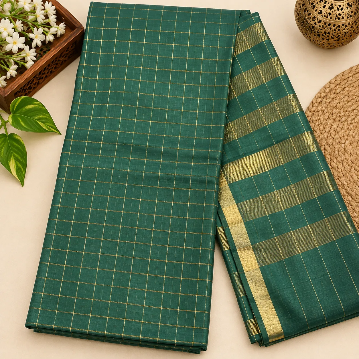 Bottle Green Golden Check Saree