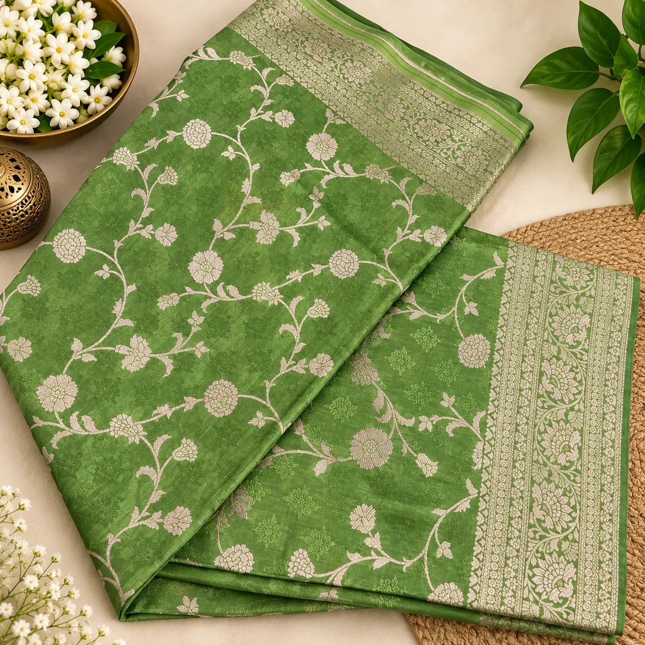 Green Floral Zari Work Saree