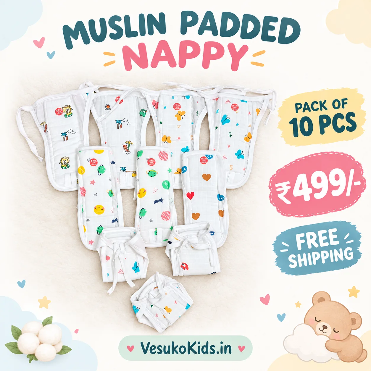 Muslin Padded Nappy pack of 10 pcs (mpn499)