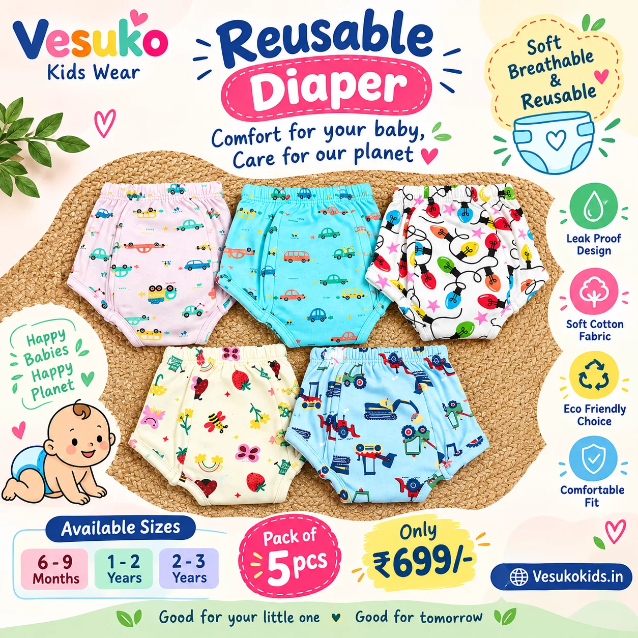 Reusable diaper pack of 5 pcs - rd699