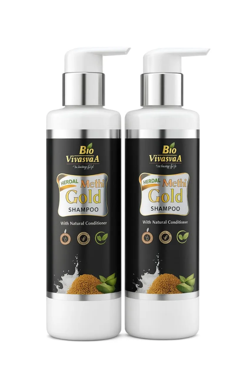 Biovivasva Methi Gold Herbal Shampoo- 180ml pack of 2 | Reduces Hair Fall & Dandruff and Promotes Hair Growth & Thickening Natural Conditioner Built-In || No Side Effects – GMP-certified AND Gentle for Daily Use -180ml (Pack of 2)