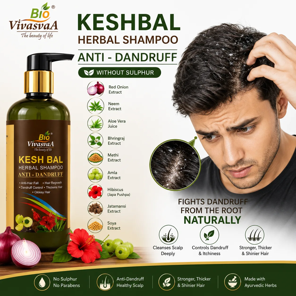 Biovivasvaa Keshbal Herbal Anti-Dandruff Shampoo- 300ML | Sulphur-Free Ayurvedic Formula | Controls Dandruff & Itching | Reduces Hair Fall | Promotes Hair Growth | With Neem, Aloe Vera, Bhringraj, Methi, Amla, Hibiscus & Jatamansi