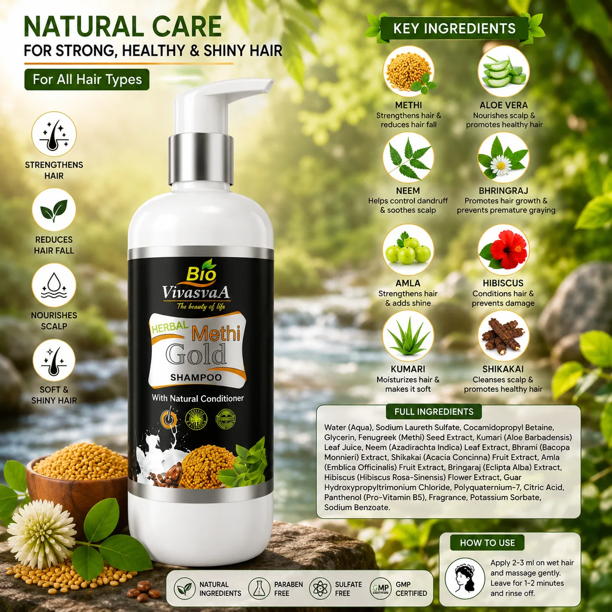 Biovivasvaa Methi Gold Herbal Shampoo -300ml with Natural Conditioner | Sulphate & Paraben Free | For Smooth & Silky Hair