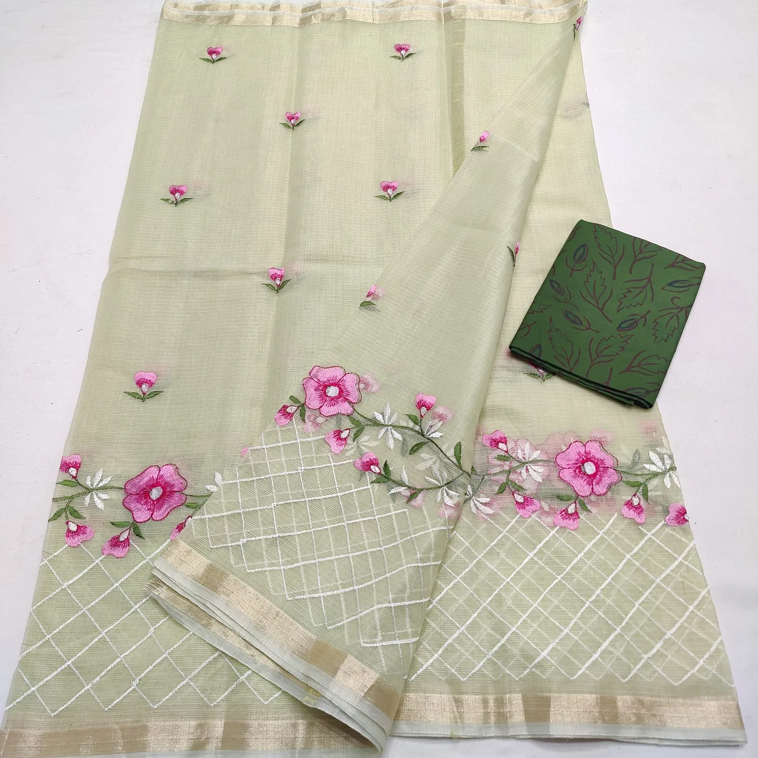 Kota Doria Mix Cotton Computerized Embroidery Saree with Blouse