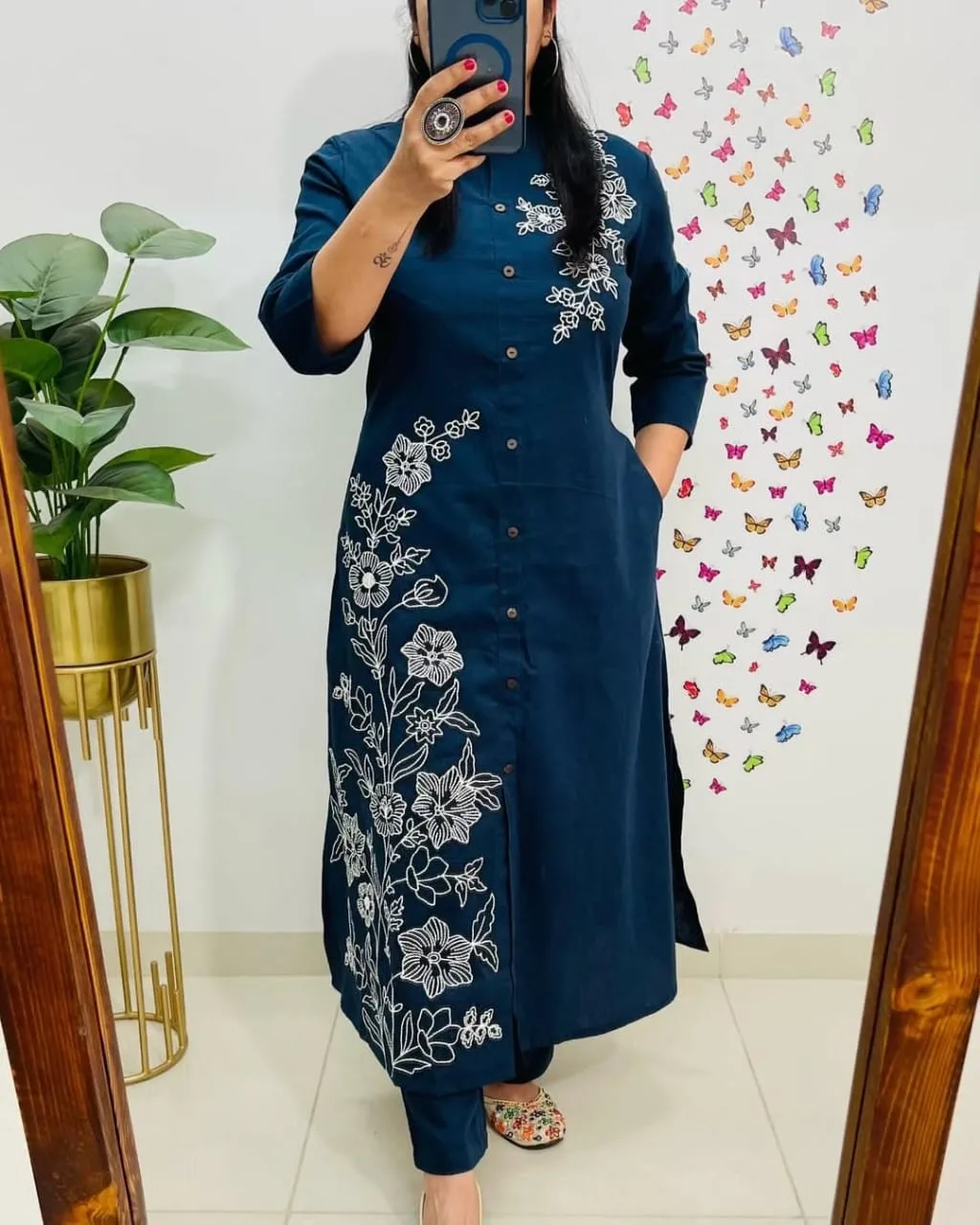 Heavy Cotton Slub Embroidered Kurti & Pant Set
