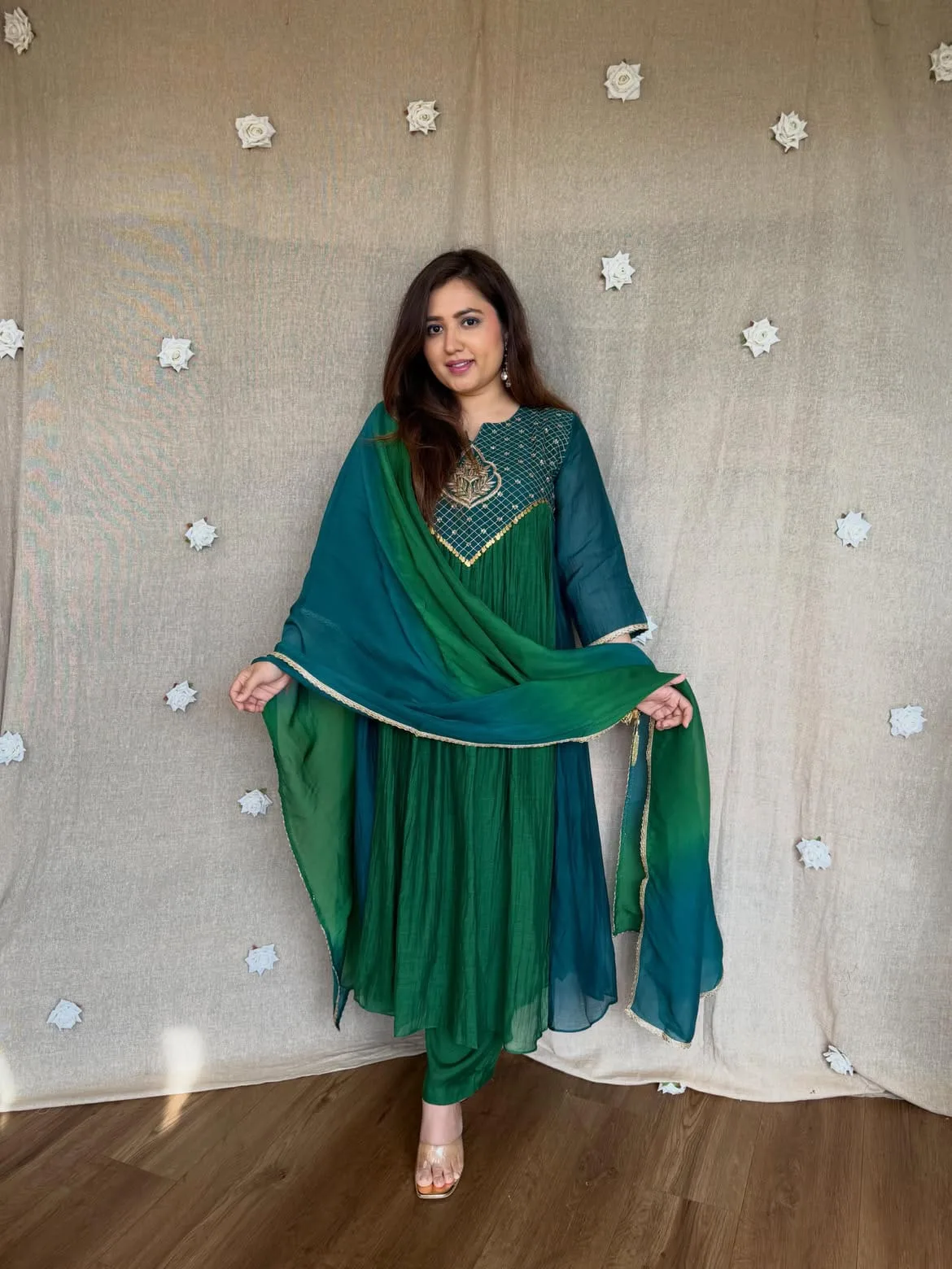 Royal Green Handwork Mal Chanderi Anarkali Set