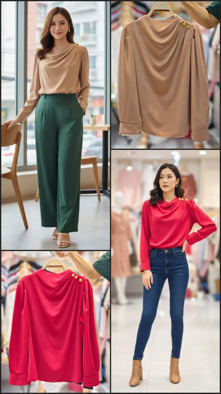 Silk Satin Draped Neck Full Sleeve Top