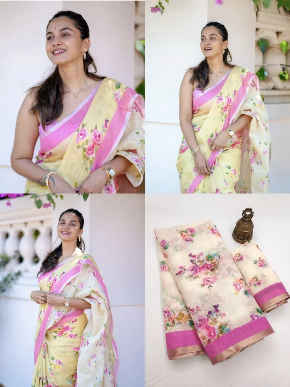 Soft Linen Digital Floral Print Saree with Zari Border
