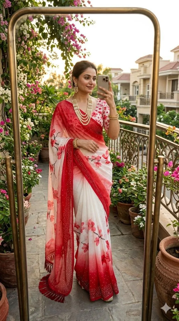 Premium Soft Georgette Floral Digital Print Saree with Mukesh Work