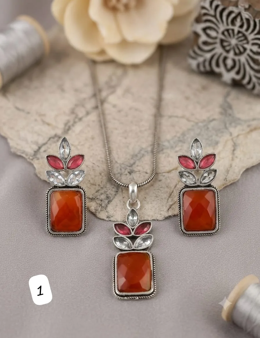 Monalisa Stone Silver-Coated Pendant Set with Matching Earrings