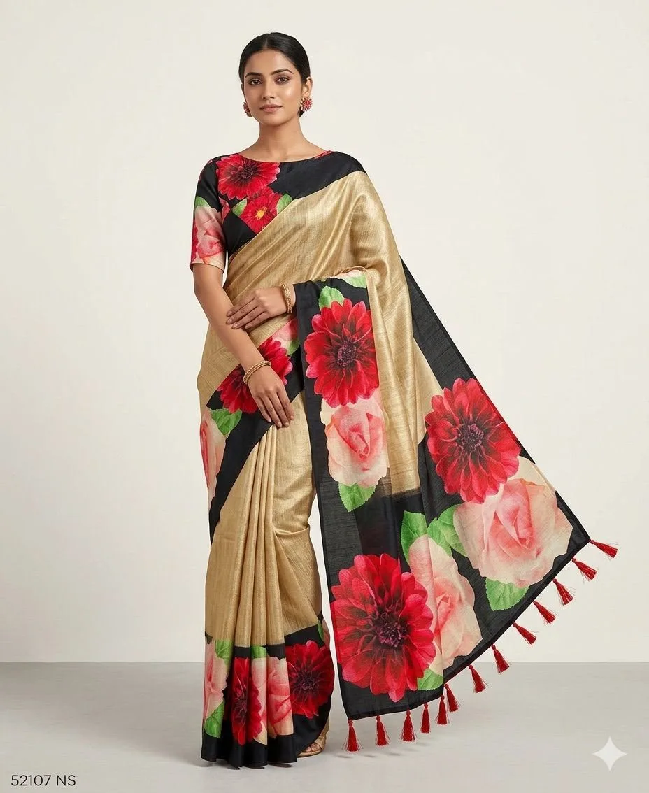 🌹 Premium Golden Floral Designer Saree 🌹