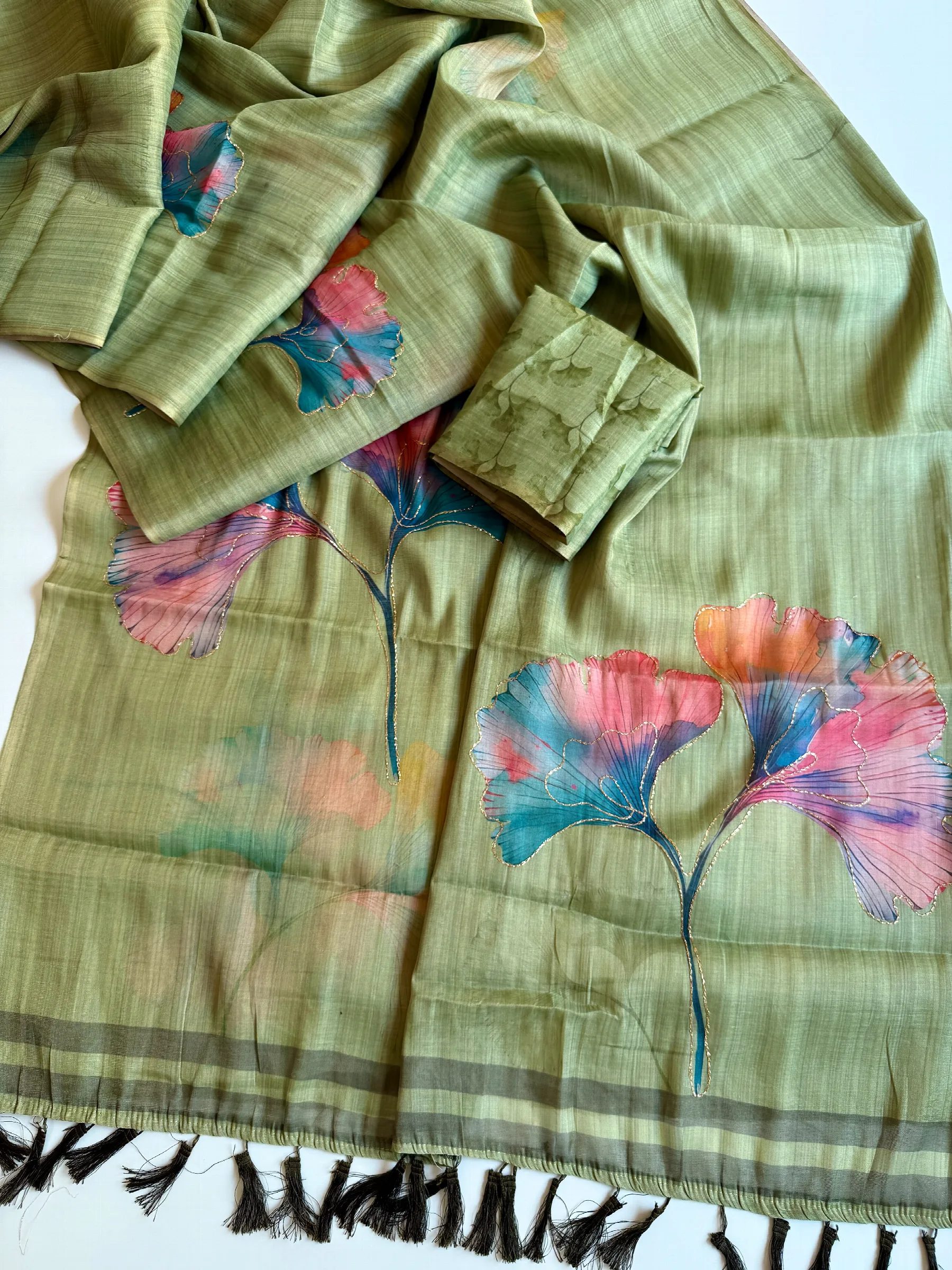 Premium Irode Silk Floral Digital Print Saree with Golden Aari Work