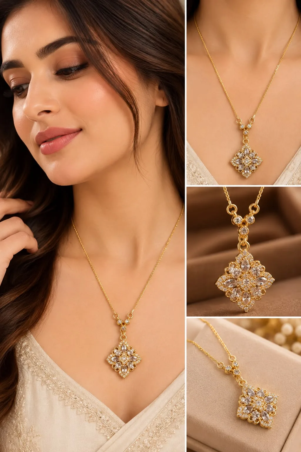 Gold-Plated Crystal Floral Pendant Necklace