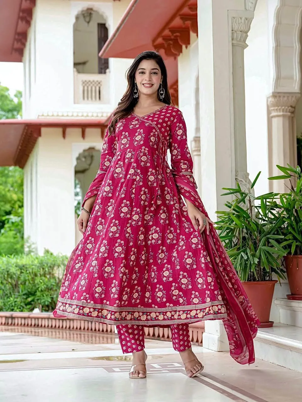 Cotton Angrakha Anarkali Suit Set with Palazzo and Dupatta