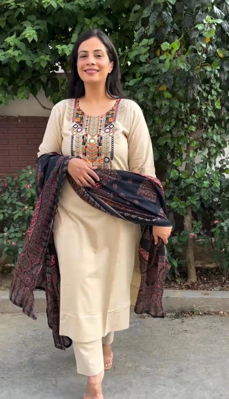 Premium Heavy Cotton Embroidered Three-Piece Suit Set with Dupatta