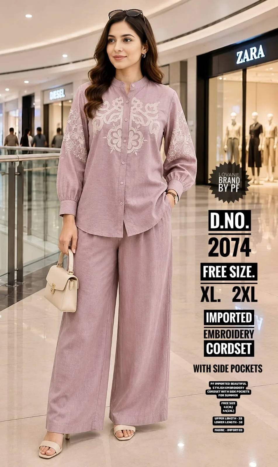Premium Imported Fabric Embroidered 2-Piece Co-Ord Set with Side Pockets – Free Shipping