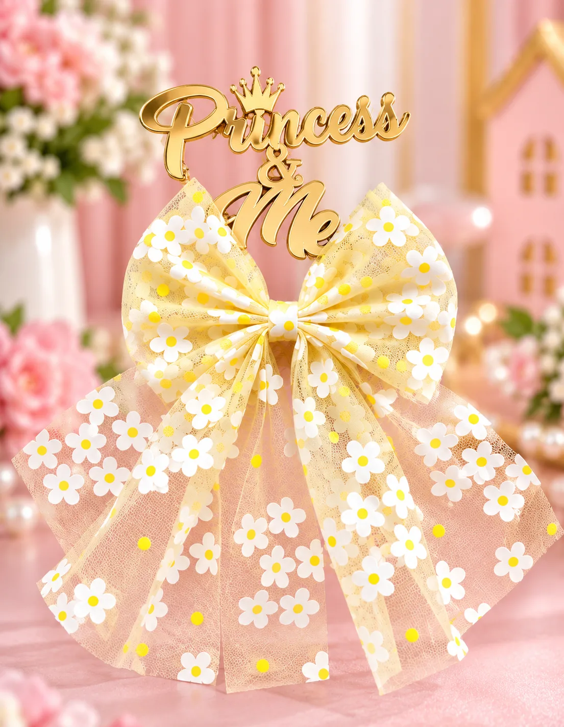 Cute Daisy Floral Net Hair Bow for Kids