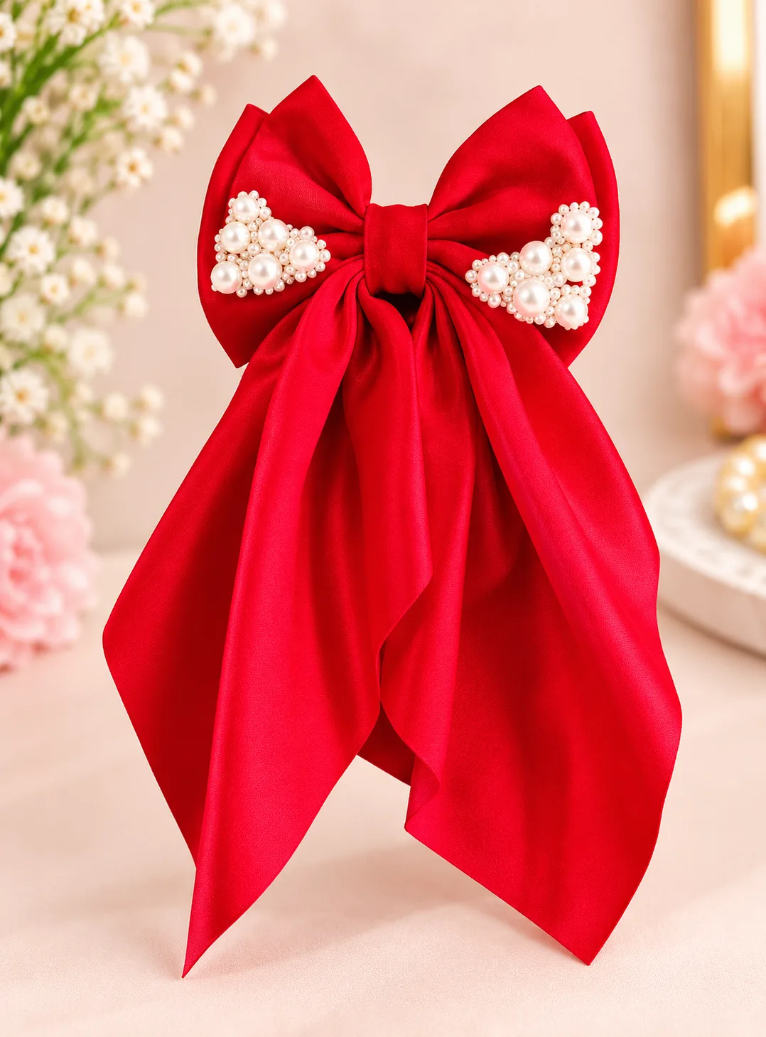 Elegant Pearl Double Layer Bow with Tail for Kids