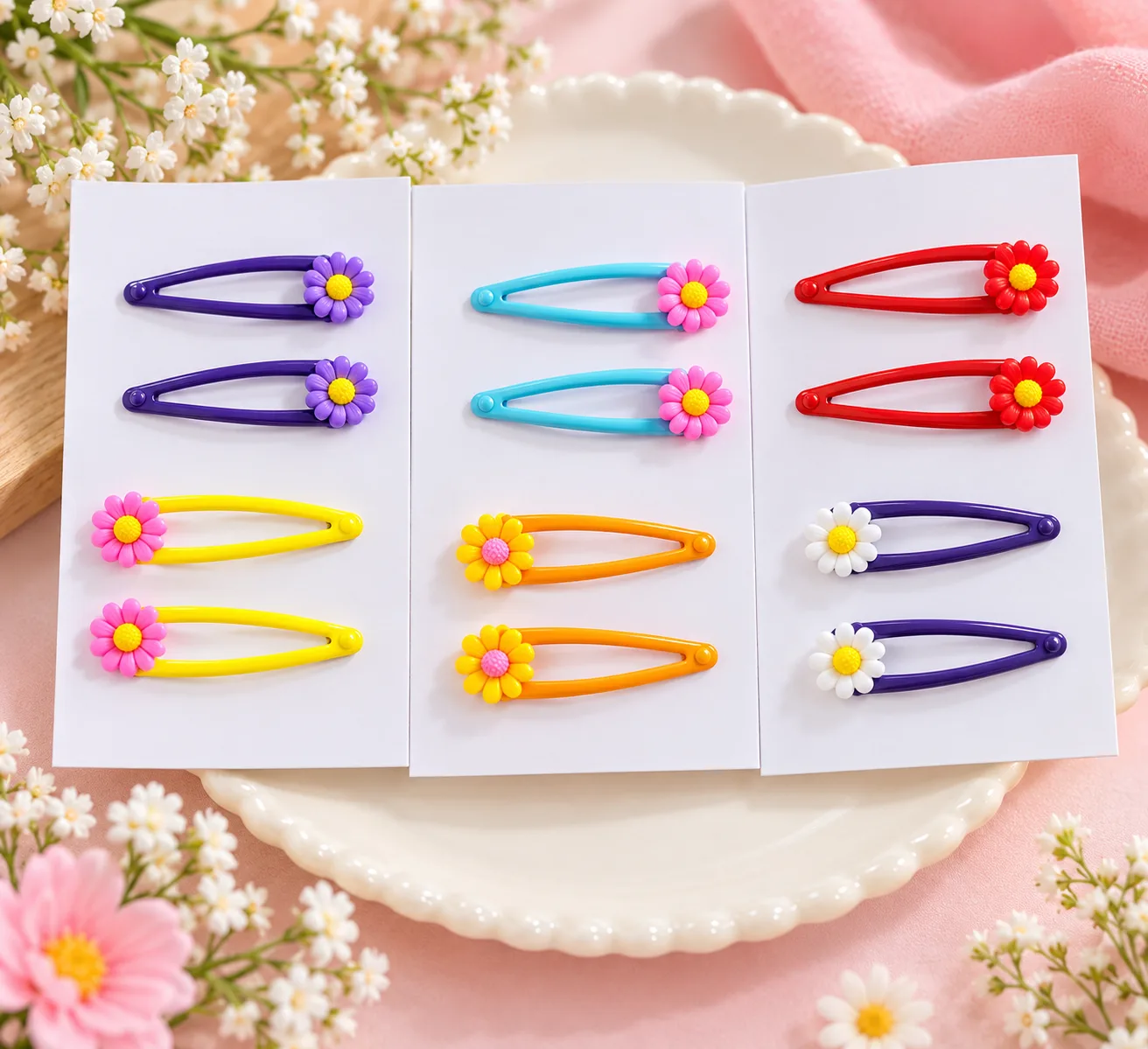Cute Colourful Tic Tac Hair Clips with Flower Charms – 2 Pairs