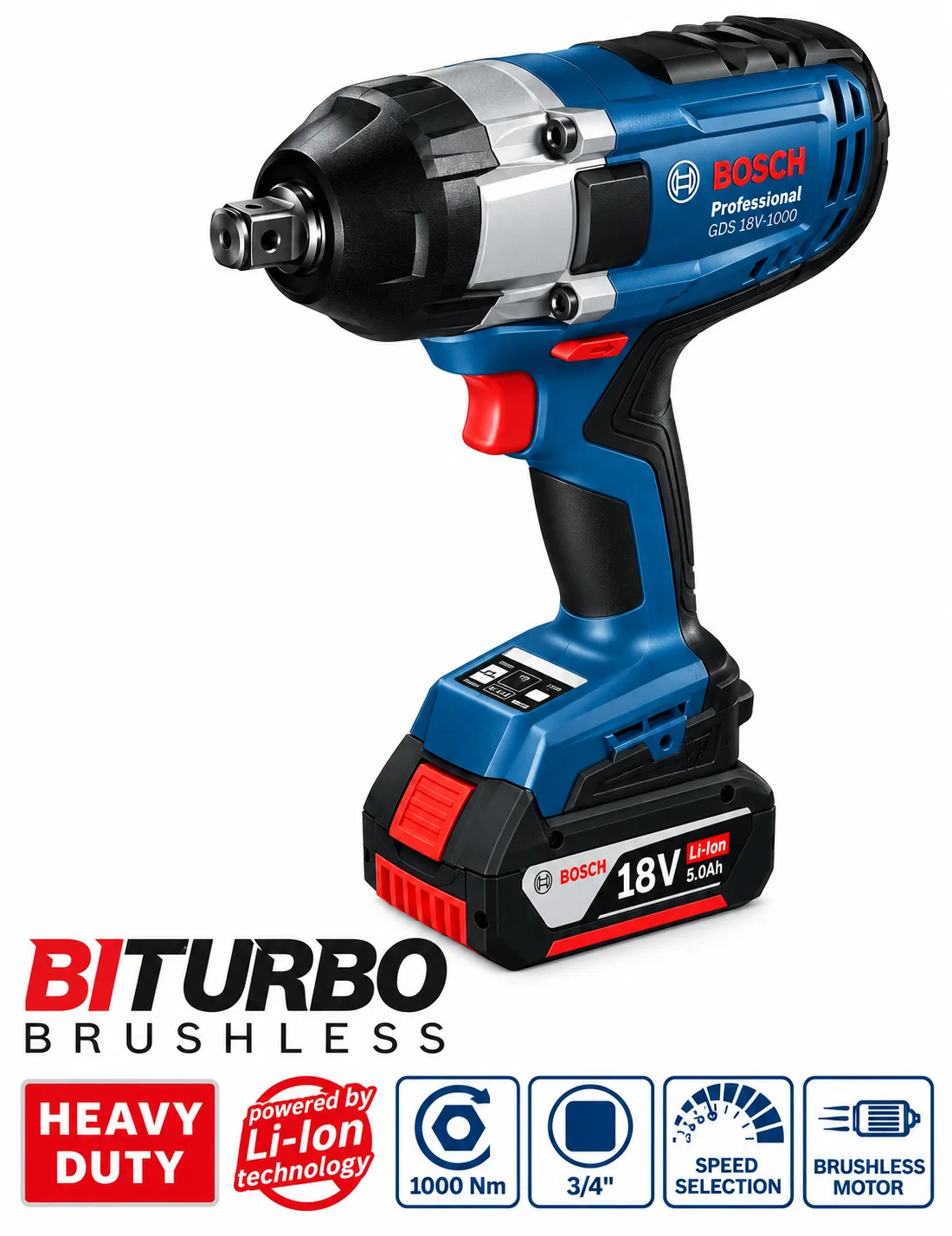Bosch GDS 18V-1050 H Professional 18V Cordless Impact Wrench Kit (2 Batteries)