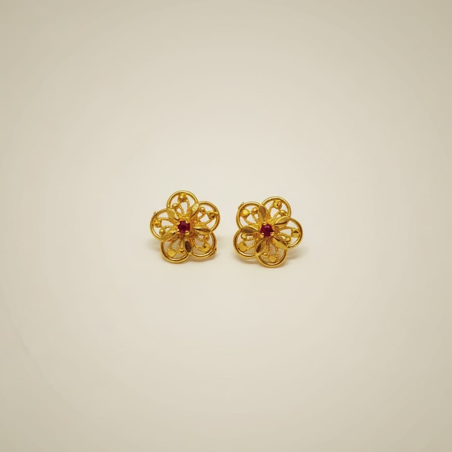 Gold Flower Design Stud Earrings