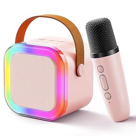 Karaoke Mic with Speaker for Kids, 5W Mini Wireless Bluetooth Portable Machine, 5Hrs Playtime Light &amp; Voice Effects Multi Play Modes K12/TF Card/USB/Type C Fast Charging Port (Multicolor)