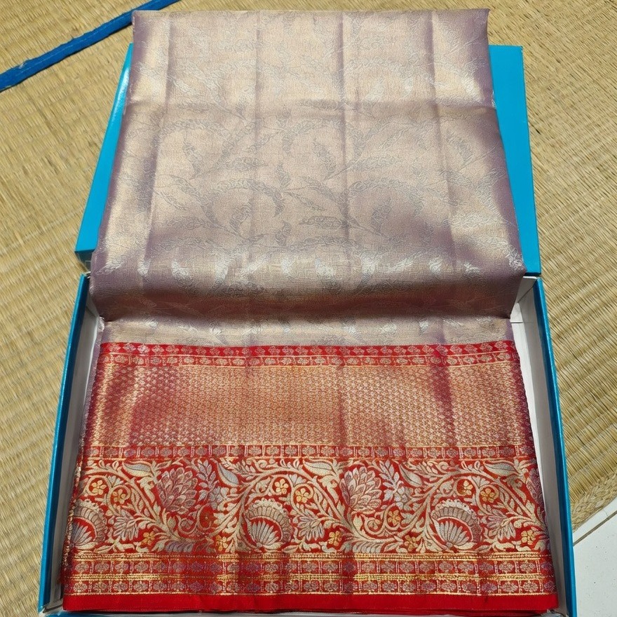 Silver Mist Red Border Kanjivaram Saree