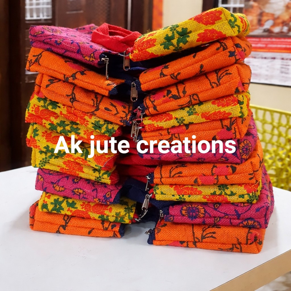 Printed Jute Zipper Pouch